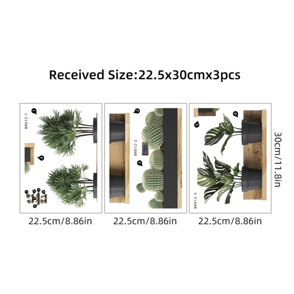 3PCS Green Plant Cactus Potted Wall Stickers for Bedroom Living Room Bathroom Home Decoartion Wall Decals