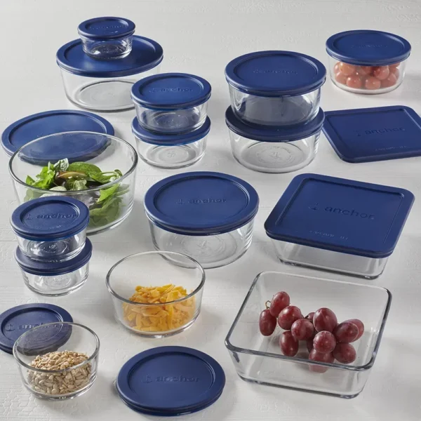 Kitchen Organizer Clear Glass Storage 30 Piece Set With Navy Lids Food Storage Containers Kitchen Organizer