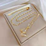 New Trendy Luxury Zircon Butterfly Pendant Necklace For Women Stainless Steel Clavicle Chain Female Party Temperament Jewelry
