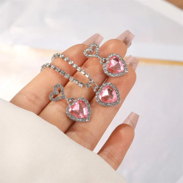 Pink Barbie Powder Shiny Crystal Peach Heart Pendant Earrings Necklace Jewelry Set for Women Engagement Wedding Bride Accessory