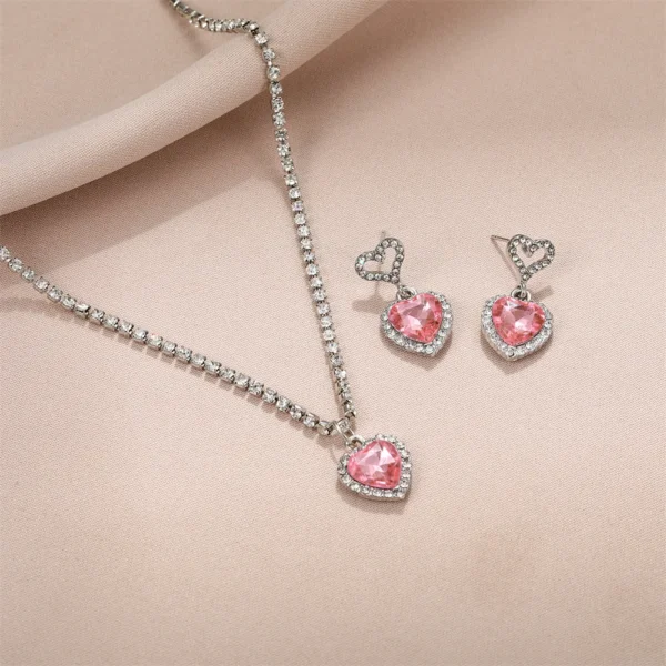 Pink Barbie Powder Shiny Crystal Peach Heart Pendant Earrings Necklace Jewelry Set for Women Engagement Wedding Bride Accessory